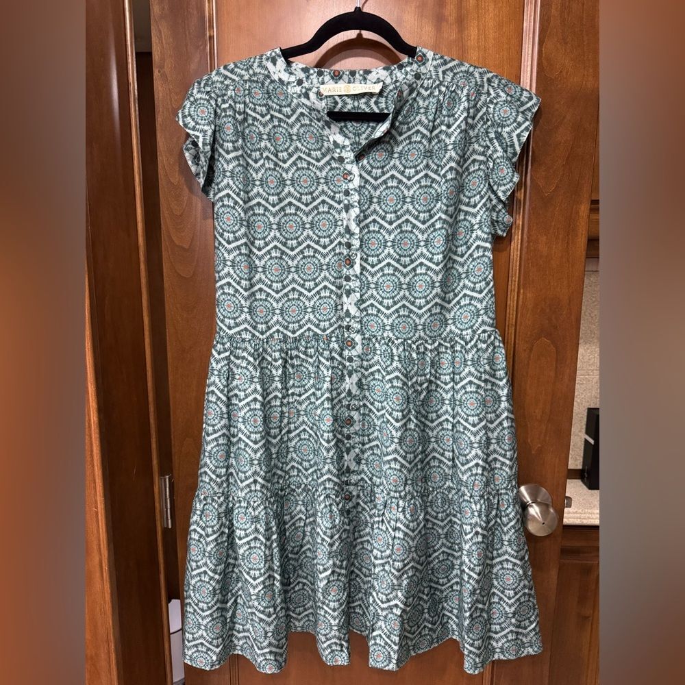 Marie Oliver Kara dress green and whitete geometric pattern size medium